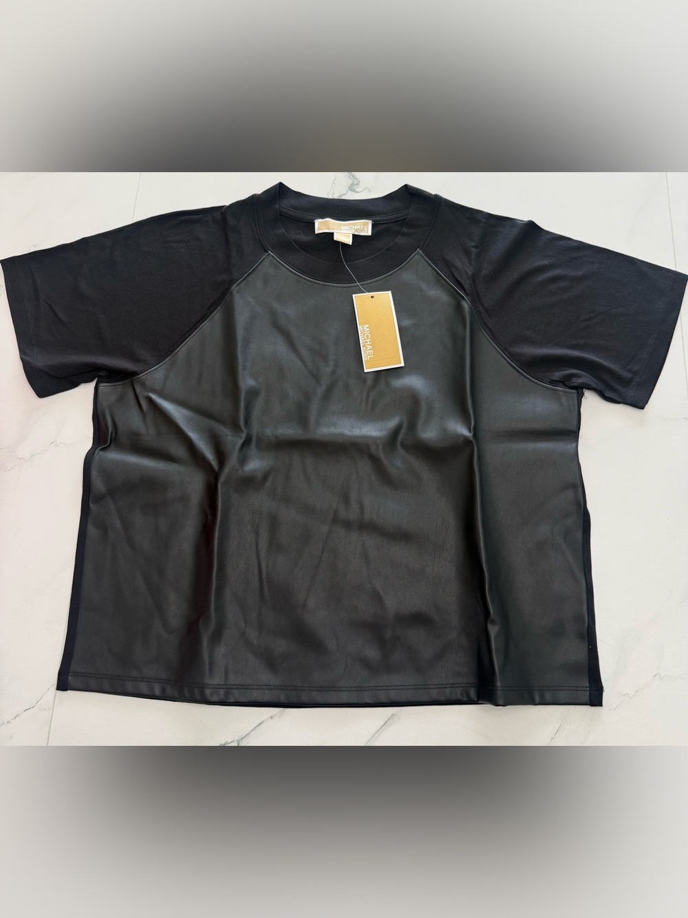 Michael Kors Black Faux-Leather Front Raglan Tee Size S